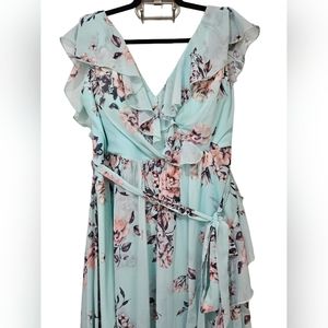 Light Blue Floral Print Ruffle Trim Belted Dress 5X